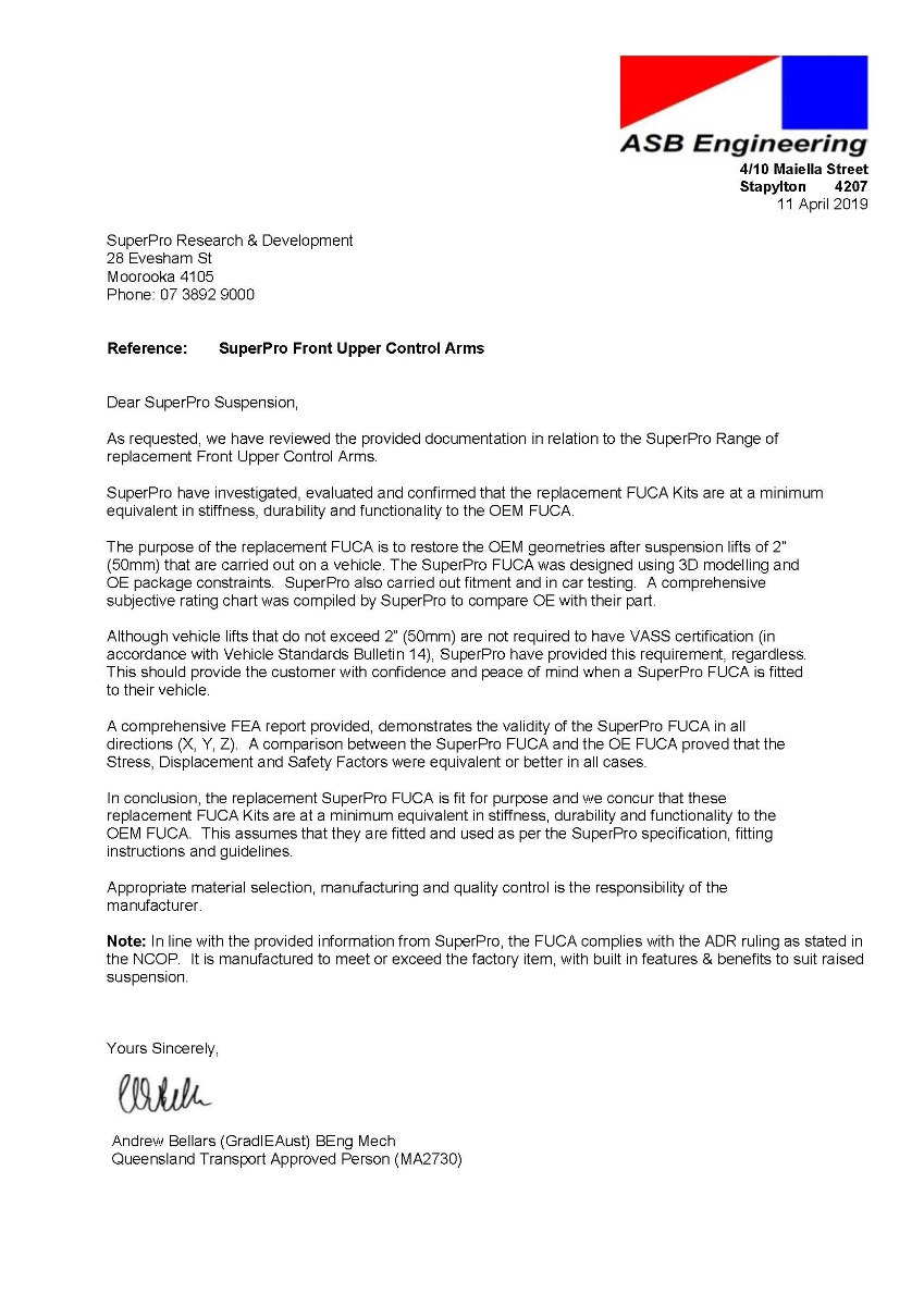SuperPro 4x4 Control Arms VASS Approval Letter